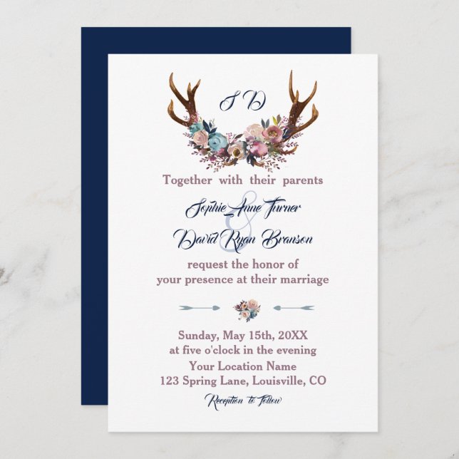 Invitation de mariage | Antlers Dusty Blue Rose Fl (Devant / Derrière)
