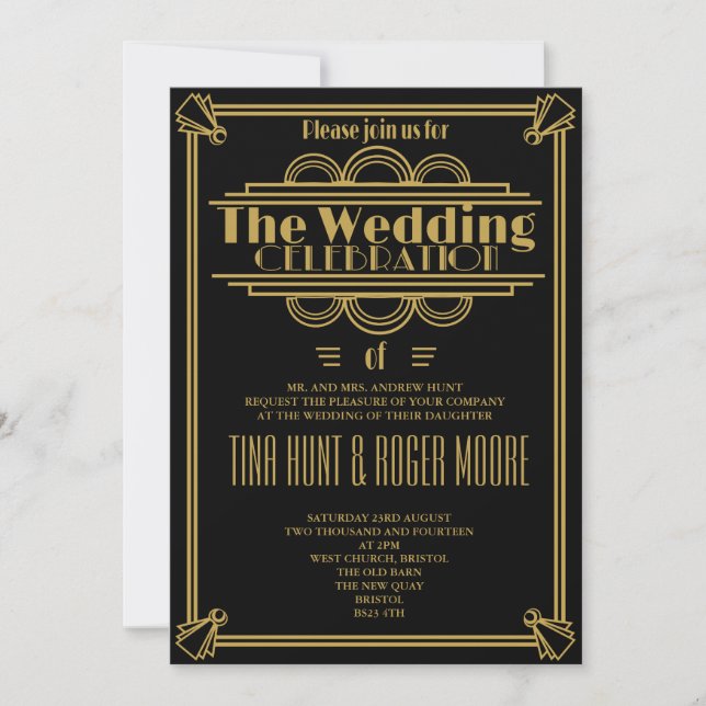 Invitation de mariage Art Déco Noir et Or (Devant)