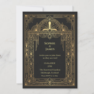 Invitation de mariage Art Déco noir et or   Élégan