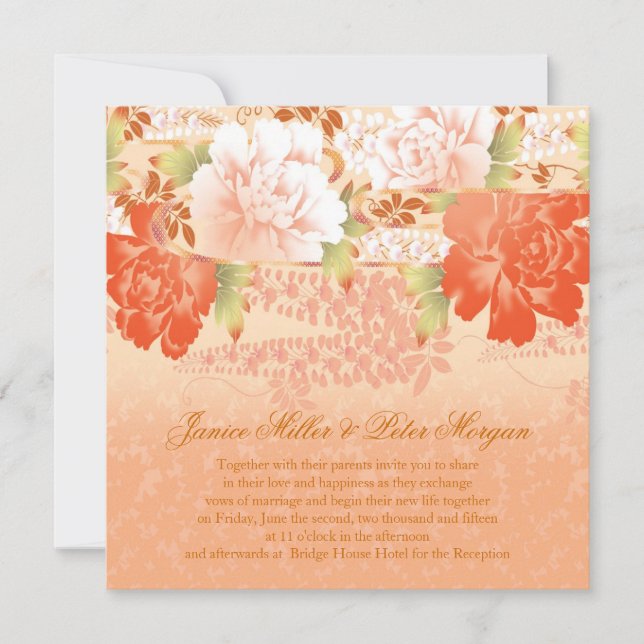 Invitation de mariage aux pivoines à la crème roug (Devant)