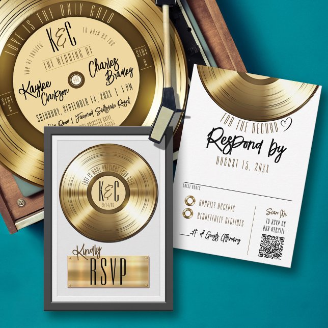 Invitation de mariage avec plaque de disque vinyle (Solid gold record plaque award style music theme wedding invitation RSVP card, monogram, qr code)