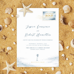Invitation de mariage avec tampon aquarelle bleue