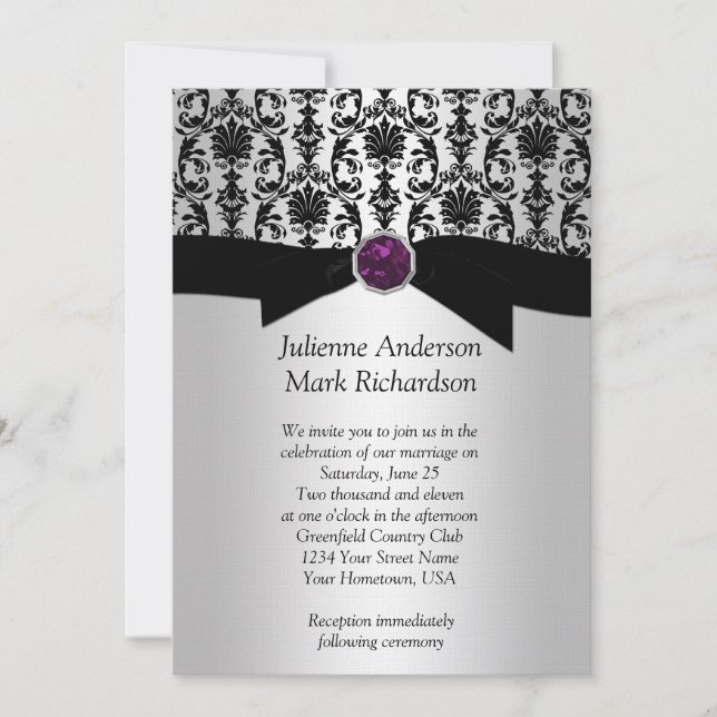 Invitation de mariage bijou violet damas noir arge (Devant)