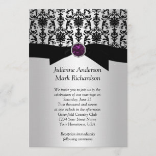 Invitation de mariage Black Silver Damask Purple J