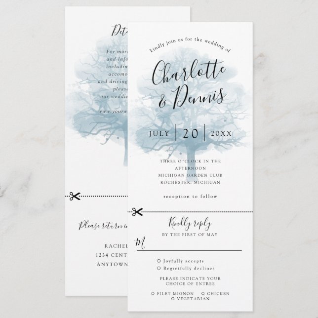 Invitation de mariage bleu avec chêne et carte-rép (Devant / Derrière)