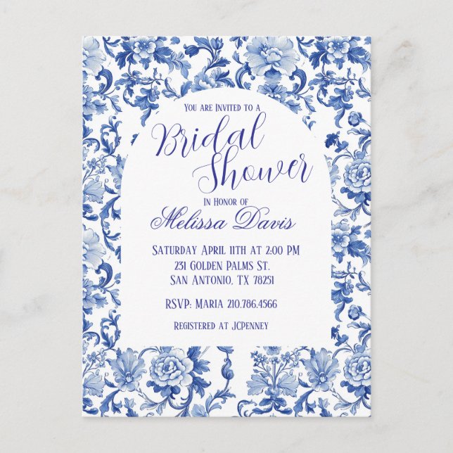 Invitation de mariage bleu et blanc en chinoiserie (Devant)