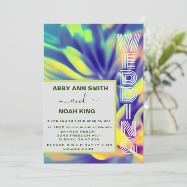 Invitation de mariage bleu et jaune - Florales d'a (Debout devant)