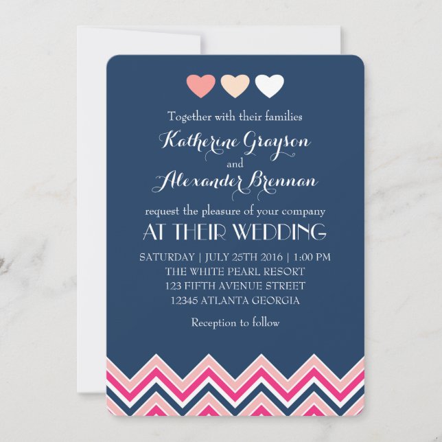 Invitation de mariage bleu marine et rose à chevro (Devant)