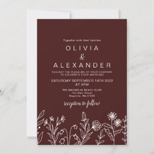 Invitation de mariage bordeaux à fleurs sauvages s