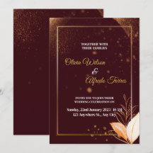 Invitation de mariage bordeaux avec couleurs dorée