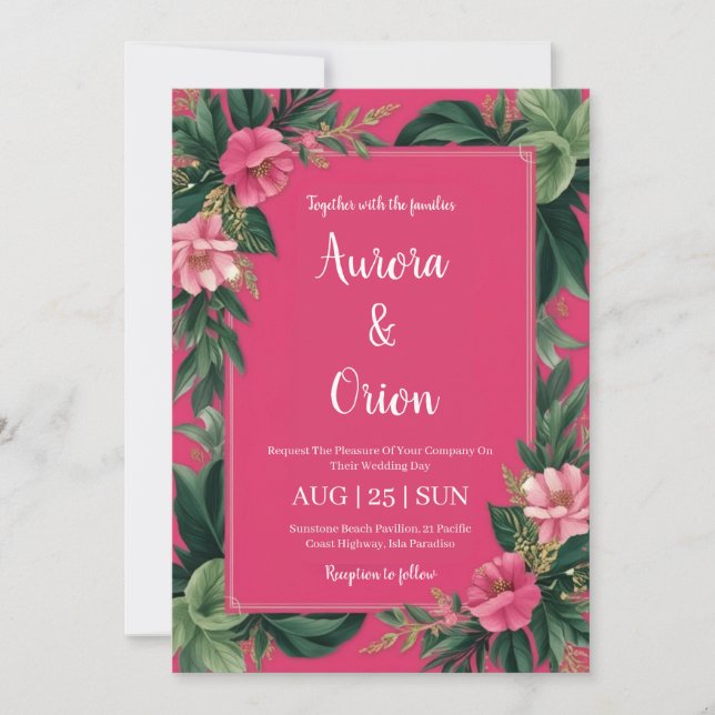 invitation de mariage botanique à fleurs roses cha (Devant)