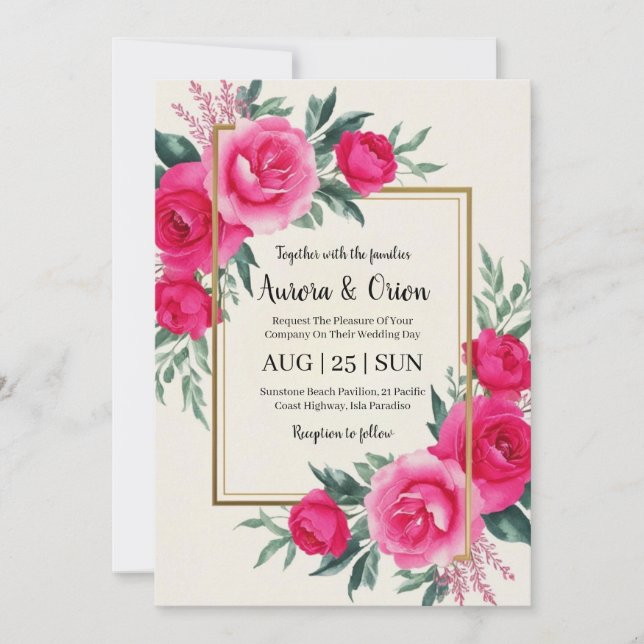 invitation de mariage botanique à fleurs roses cha (Devant)