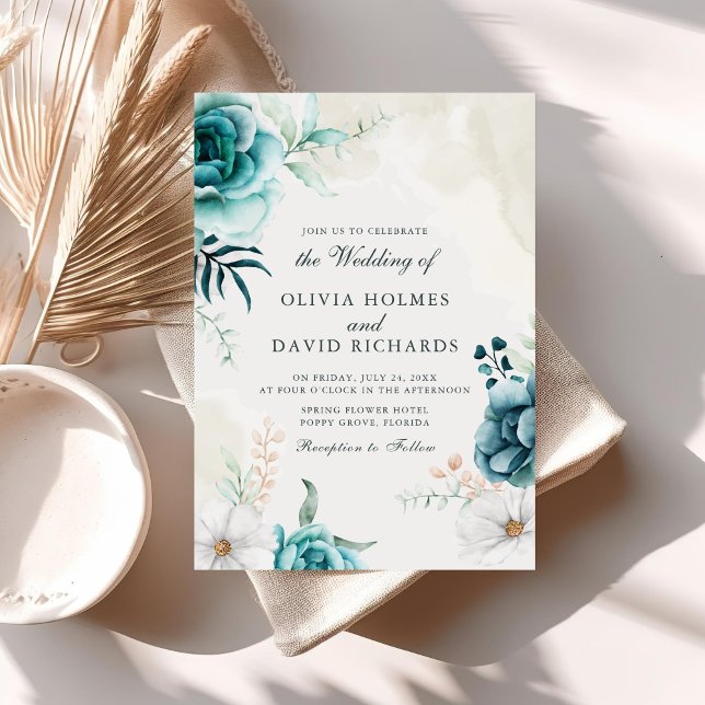 Invitation de mariage botanique à fleurs sauvages  (Boho Off-White Teal Wildflowers Wedding Invite on a sunny neutral boho table.)
