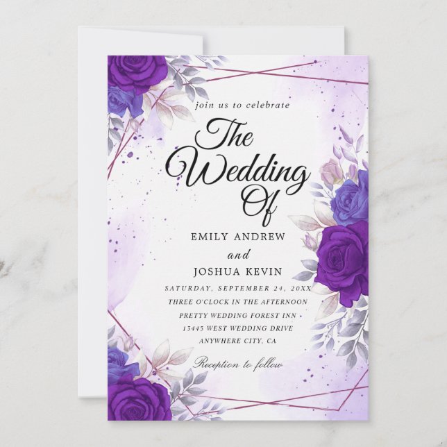 invitation de mariage botanique marine et violet (Devant)