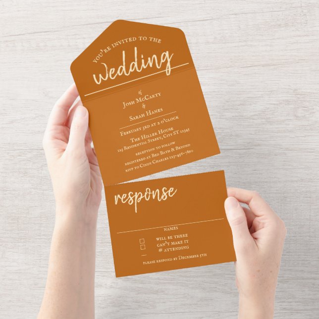 Invitation de mariage Burnt Orange All in One (Déchirure)