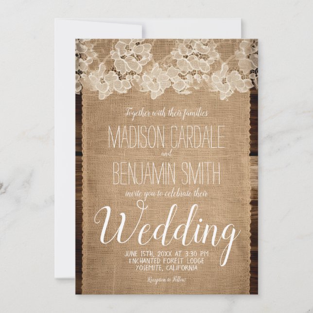 Invitation de Mariage campagnard de la dentelle et (Devant)