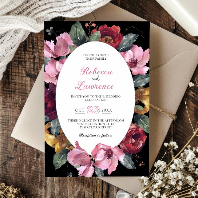 Invitation de mariage chic fleurs aquarelle noire (Créateur téléchargé)