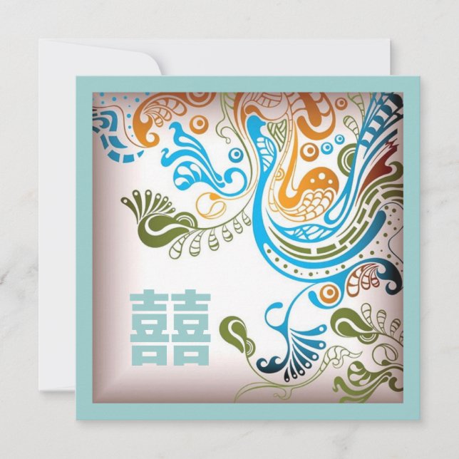 Invitation de mariage chinoise Phoenix Bleu Modern (Devant)