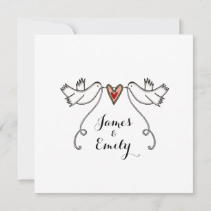 Invitation de mariage coeur d'amour colombes blanc