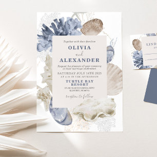 Invitation de mariage coquillage bleu de plage côt