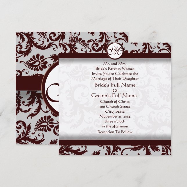 Invitation de Mariage damassé Brown au chocolat pr (Devant / Derrière)