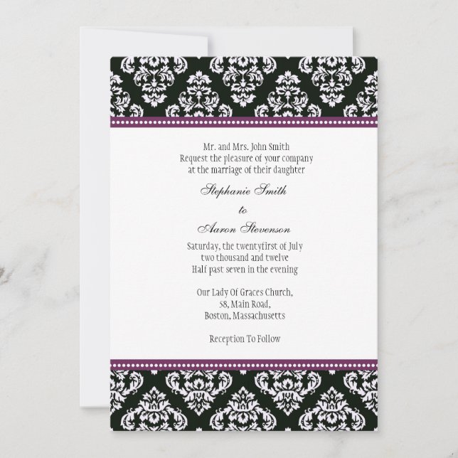 Invitation de Mariage damassé noir et blanc (Devant)