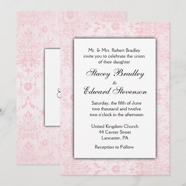 Invitation de Mariage damassé rose (Devant / Derrière)