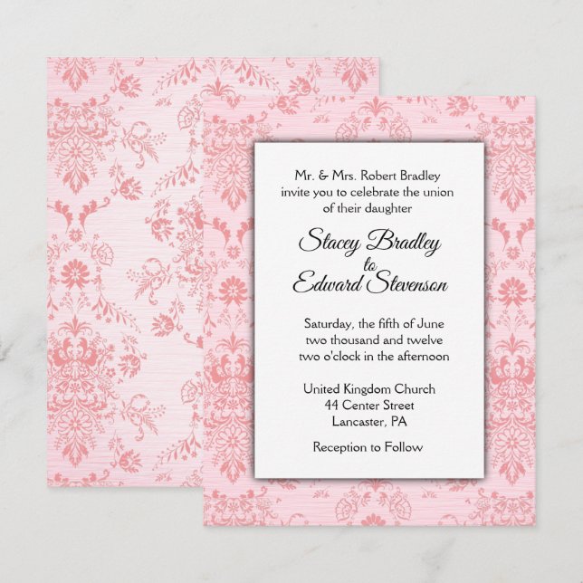 Invitation de Mariage damassé rose (Devant / Derrière)