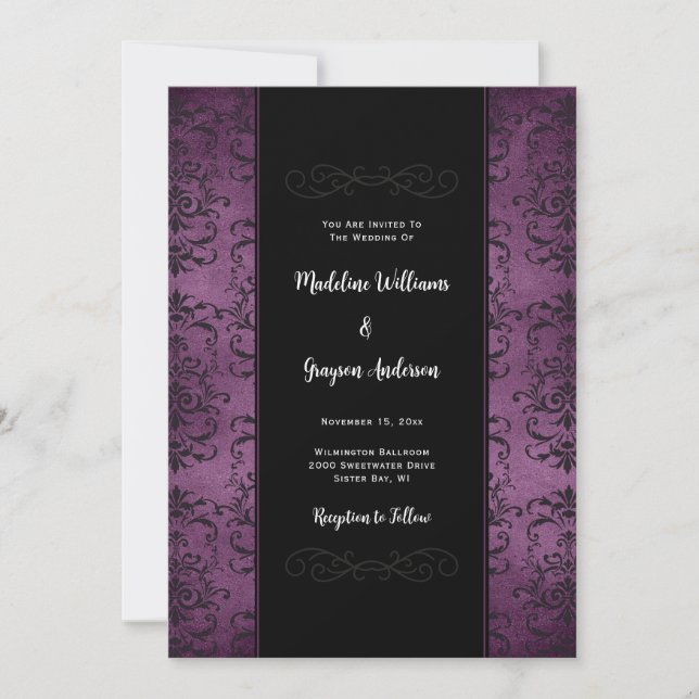 Invitation de Mariage damassé violet et noire (Devant)