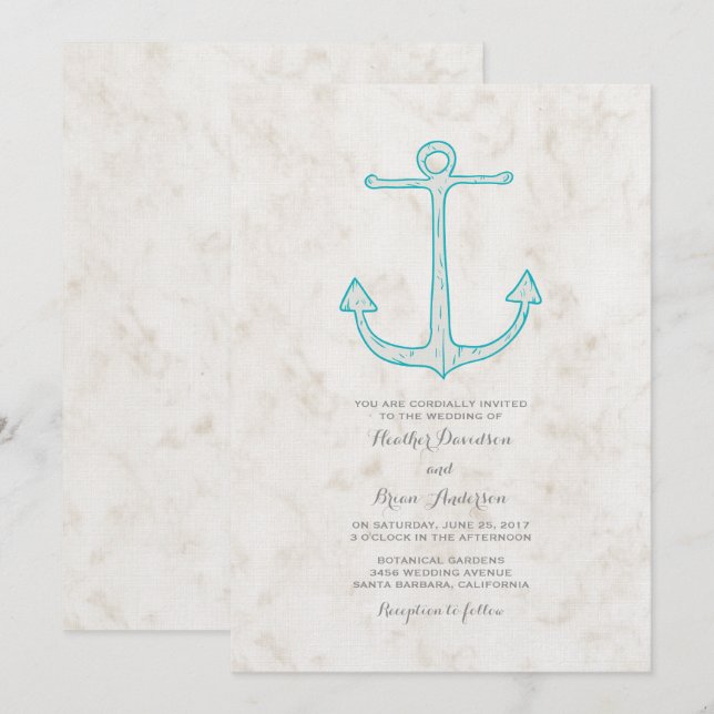 Invitation de mariage d'Ancres rustiques turquoise (Devant / Derrière)