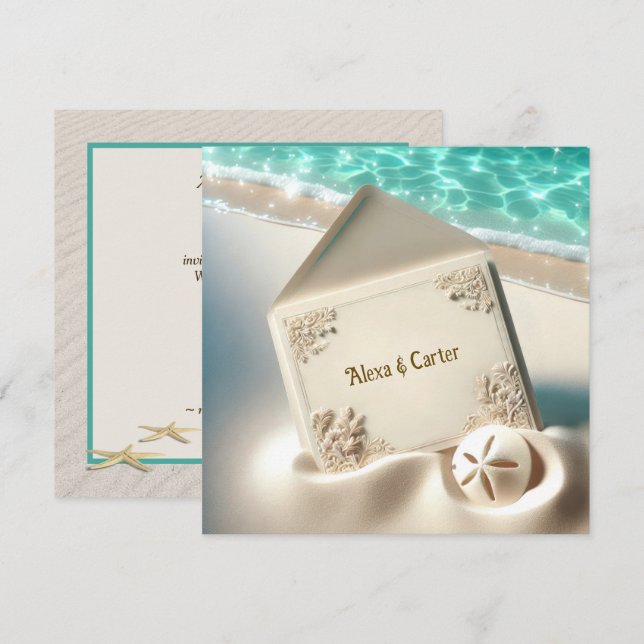 Invitation De Mariage Dans Le Sable De Plage Avec  (Devant / Derrière)