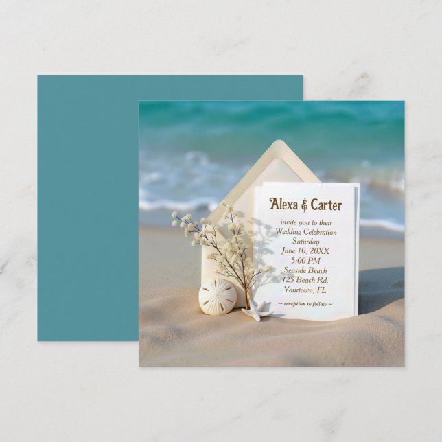 Invitation De Mariage Dans Le Sable De Plage Avec  (Devant / Derrière)