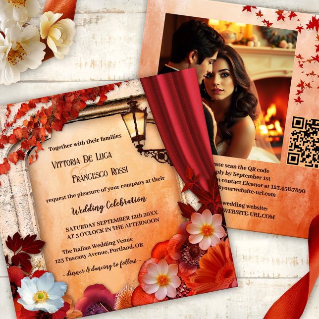Invitation de Mariage de automne classique italien (Romantic all-in-one fall wedding invitation showing flowers in classic Italian with a lantern)
