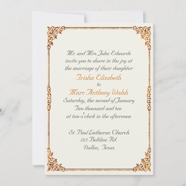 Invitation de mariage de automne de bronze et de (Devant)