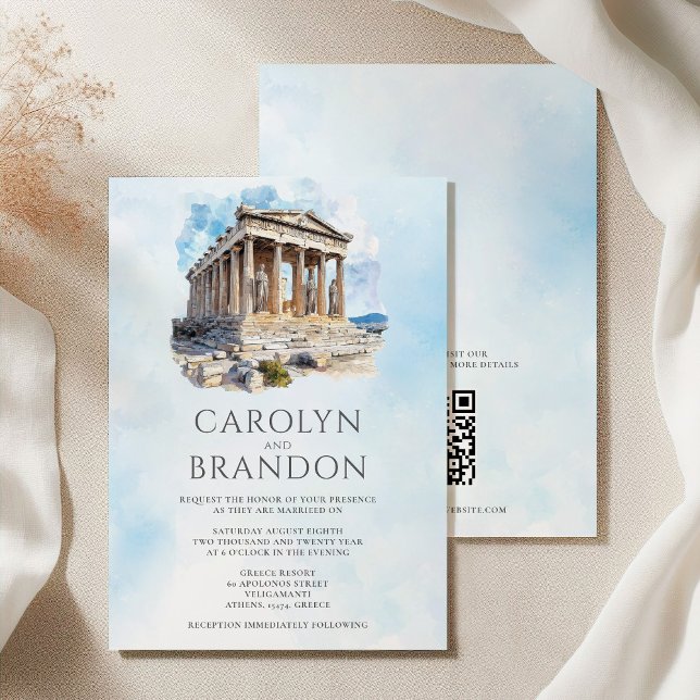 Invitation de mariage de destination grecque avec  (Greek Destination Wedding Invitation with QR Code)