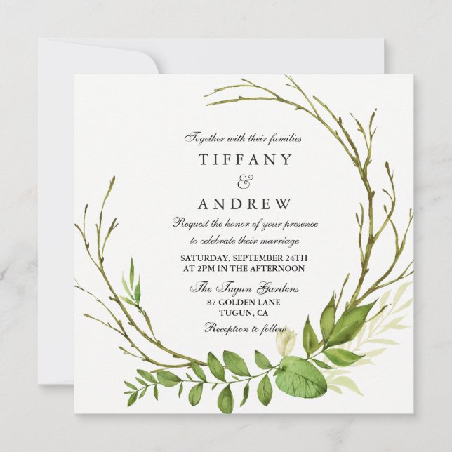 Invitation de mariage de la couronne de feuille él (Devant)