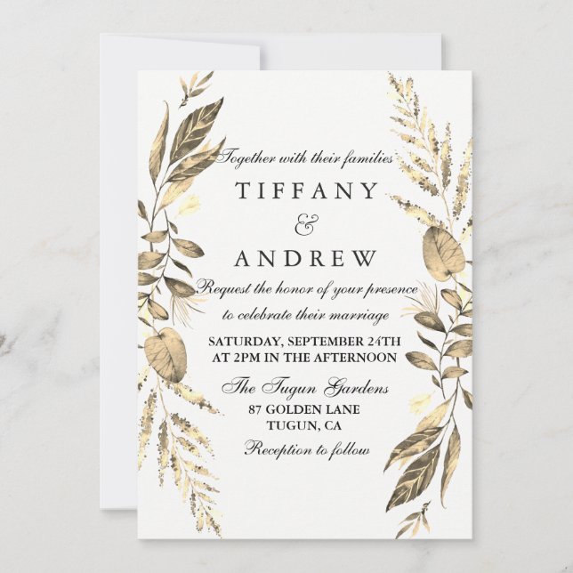 Invitation de mariage de la ferne à feuille d'or m (Devant)