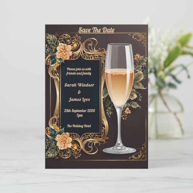 Invitation de mariage de luxe avec verre de champa (Debout devant)