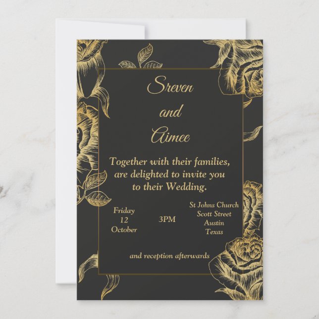 Invitation de mariage de luxe, or et noir (Devant)