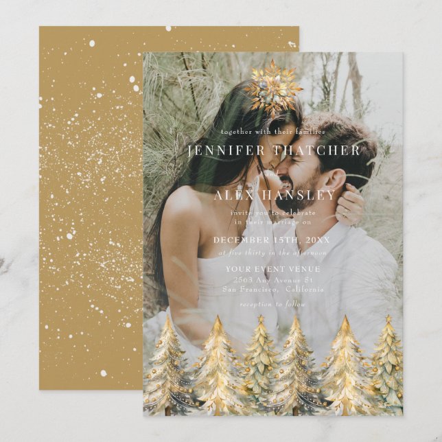 Invitation de mariage de Noël à paillettes dorées (Devant / Derrière)