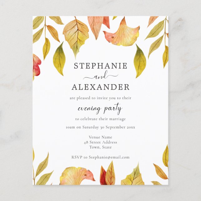 Invitation de mariage de soirée de feuilles d'auto (Devant)