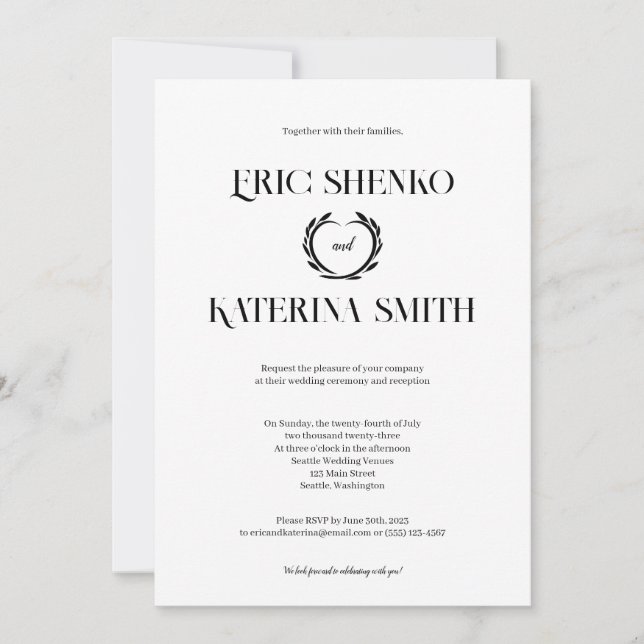 Invitation de mariage de style de texte noir et bl (Devant)