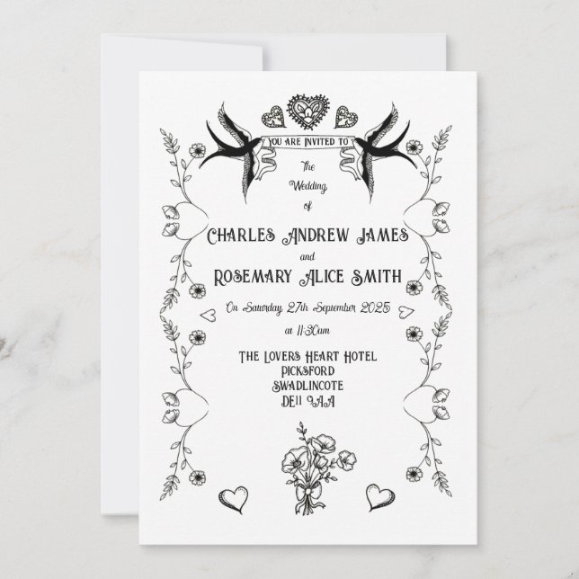 Invitation de Mariage de Style Tatouage Ancien (Devant)