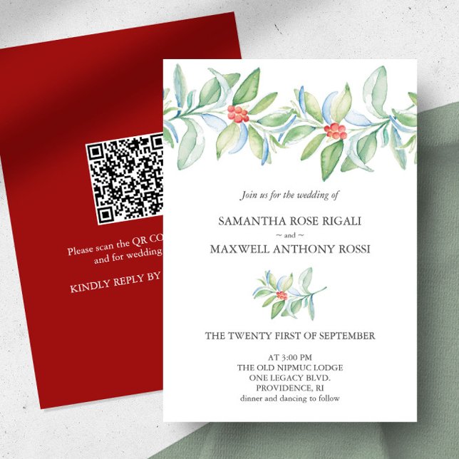Invitation de mariage d'hiver avec code QR (Christmas wedding invitation watercolor botanical art by Victoria Grigaliunas of Do Tell A Belle)
