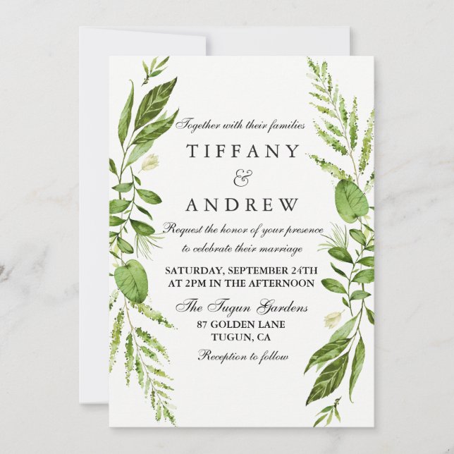 Invitation de mariage élégant à la feuille verte (Devant)