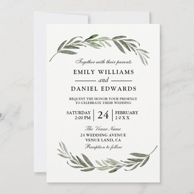 Invitation de mariage élégant de la feuille d'aqua (Devant)