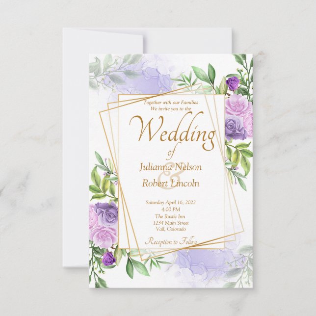Invitation de mariage élégante à fleurs violettes (Devant)