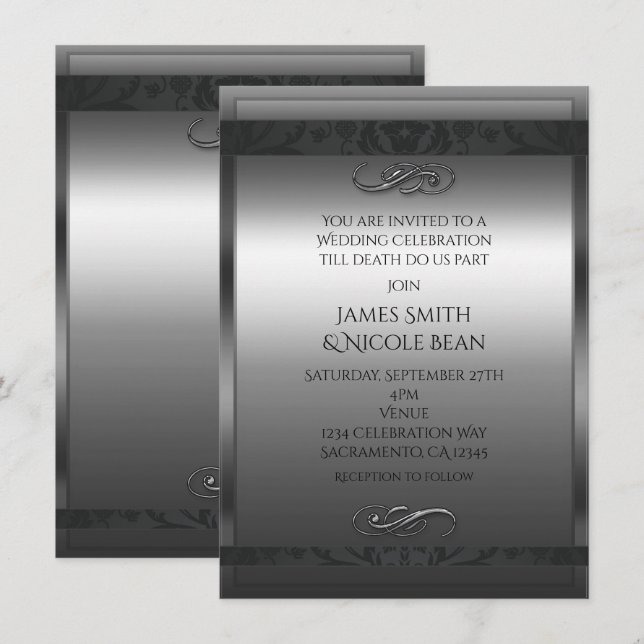 Invitation de mariage élégante argent et noir (Devant / Derrière)
