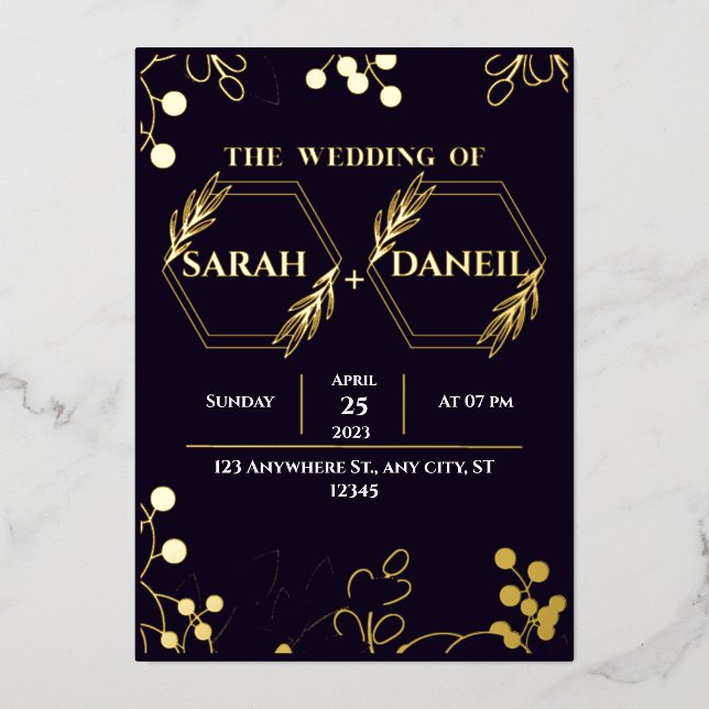 Invitation de mariage élégante avec feuille dorée  (Recto)