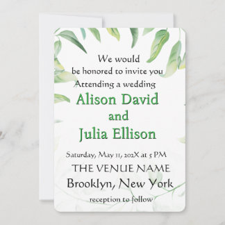 Invitation de mariage élégante avec feuilles verte